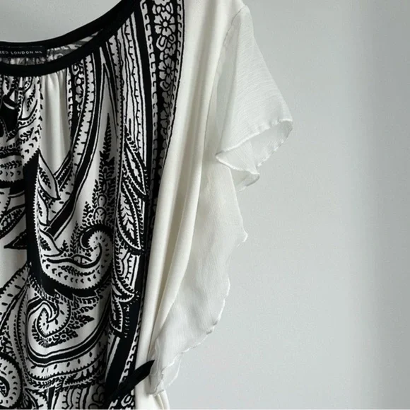 QED London Boho Tunic Top Dress White Black Paisley Flutter Ruffle Sleeves - L - Picture 2 of 14